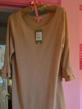 Lilly Pulitzer NWT Helena Sweater Dress Gold Scoop  with Ruffle Sleeves